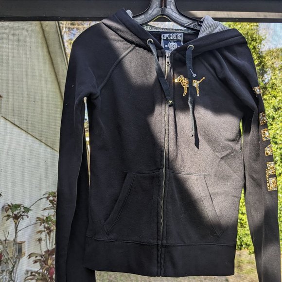 PINK Peace Symbol.Gold Bling Black Hoodie Size Small - Picture 2 of 9